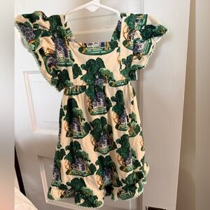 kate quinn Cream Romper Short with Green and Blue Cottage Print and Ruffles